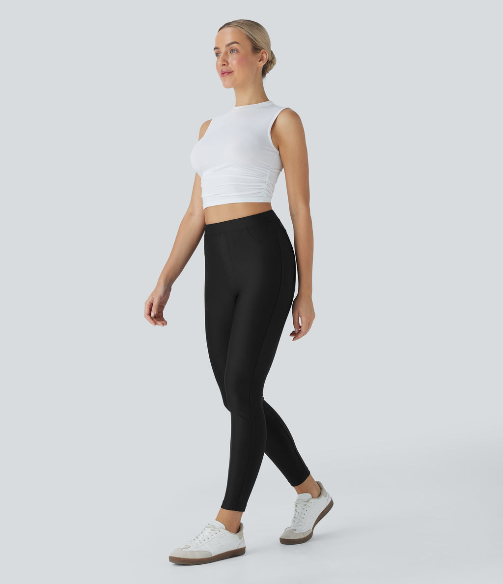 High Waisted Sheen Casual Skinny Pants with Pockets