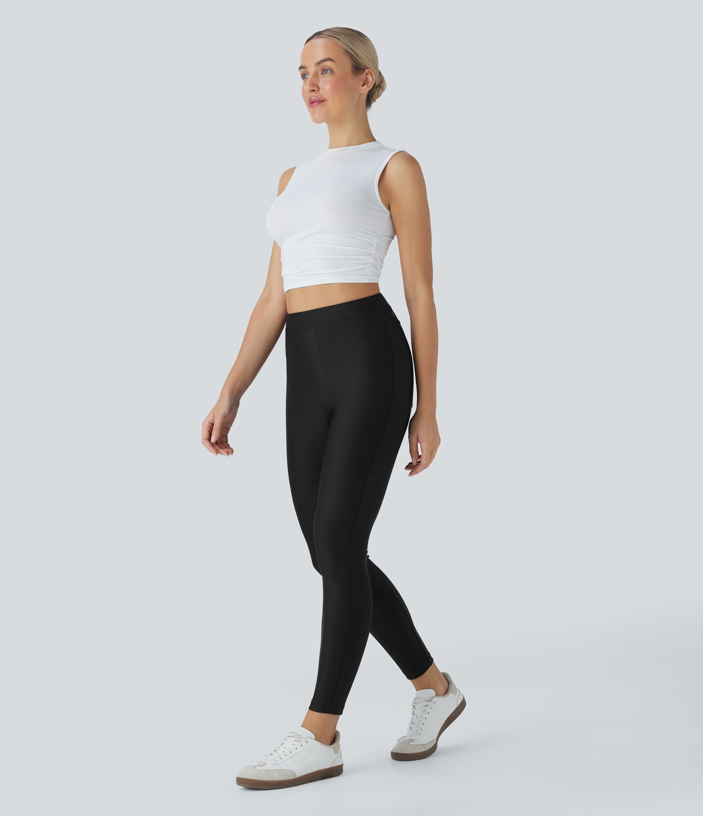 High Waisted Sheen Casual Skinny Pants with Pockets