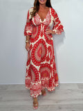 NEW🔥 V Neck Printed Flared Sleeve Elastic Waist Dress- Tax Free