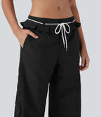Low Rise Drawstring Ruffle Trim Dance Barrel Leg Pants with Pockets
