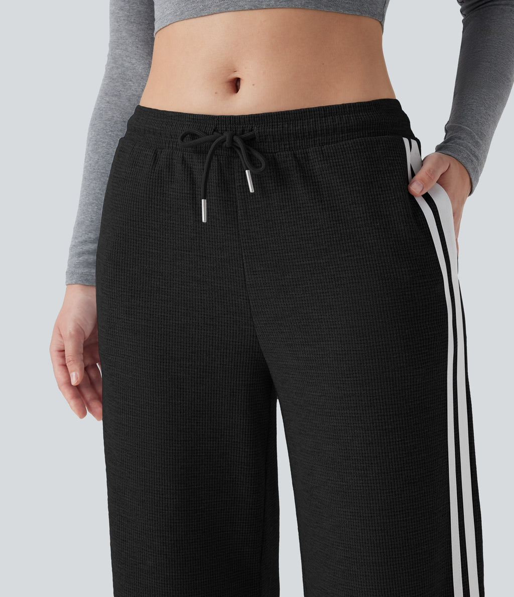 Low Rise Drawstring Color Block Snap Waffle Casual Wide Leg Pants with Pockets