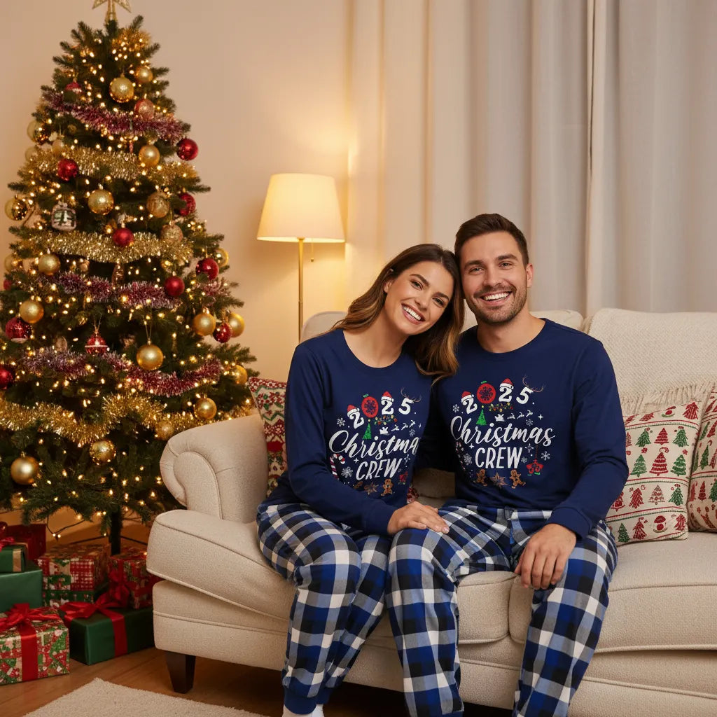 Couple Matching Pajamas With "2025 Christmas Crew" Text and Christmas Pattern Printed
