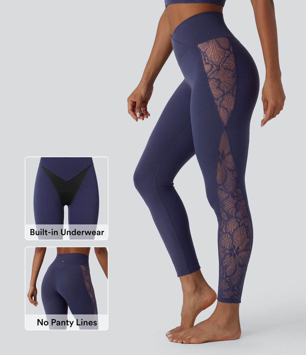 SoftlyZeroTM High Waisted Crossover Contrast Lace Built-in Underwear Yoga Leggings with Pocket-UPF50+