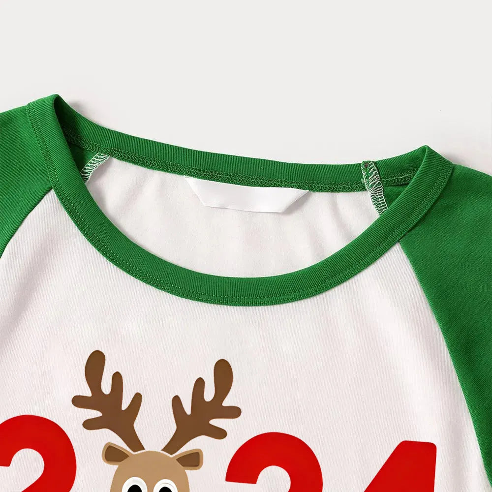 "2025 Family Christmas" Moose Letter Prints Green Rotator Cuff Top With Green & Black Plaid Family Matching Pajamas