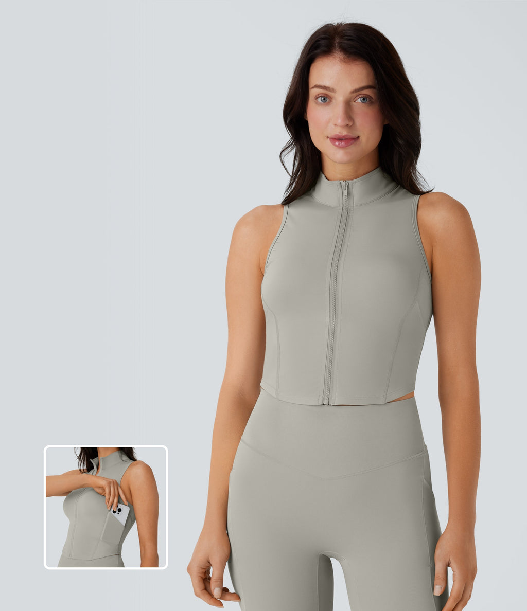 SoftlyZeroTM QuickDry Stand Collar Zipper Cropped Yoga Tank Top with Pockets