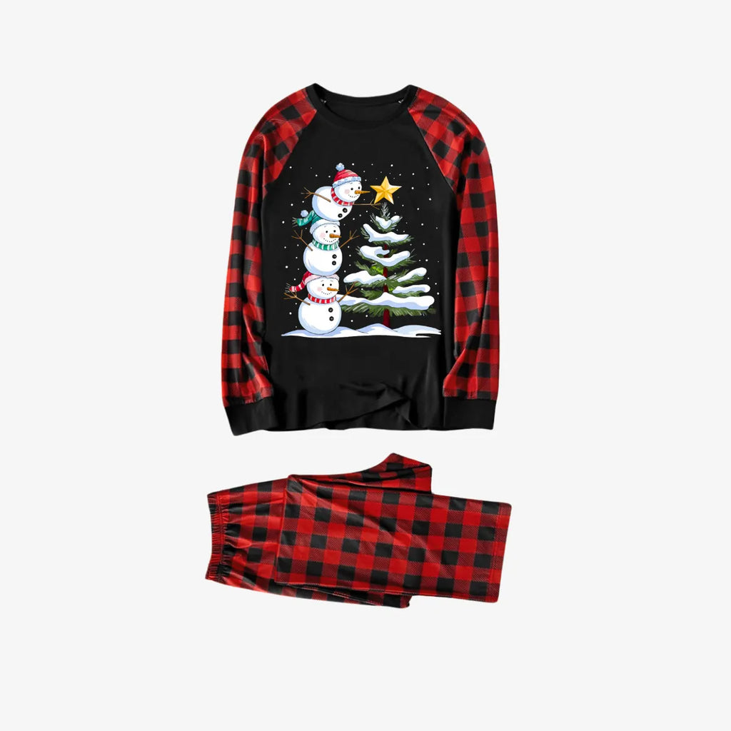 Red and Black Plaid Christmas Pajamas Set with Snowman & Christmas Tree Print