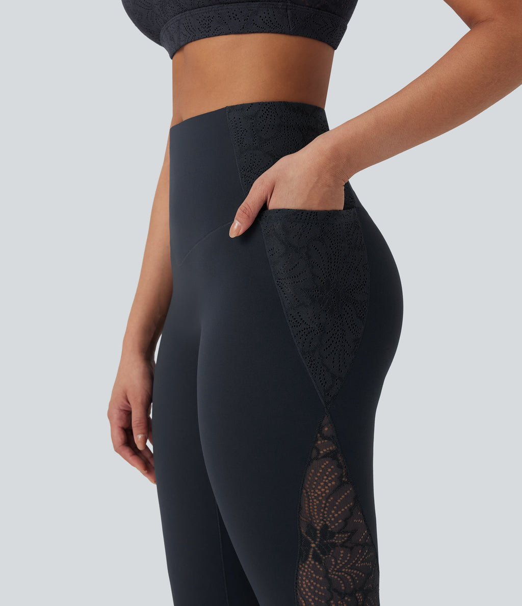 UltraSculptTM SoCinched High Waisted Tummy Control Contrast Lace Shaping Training Leggings with Pockets