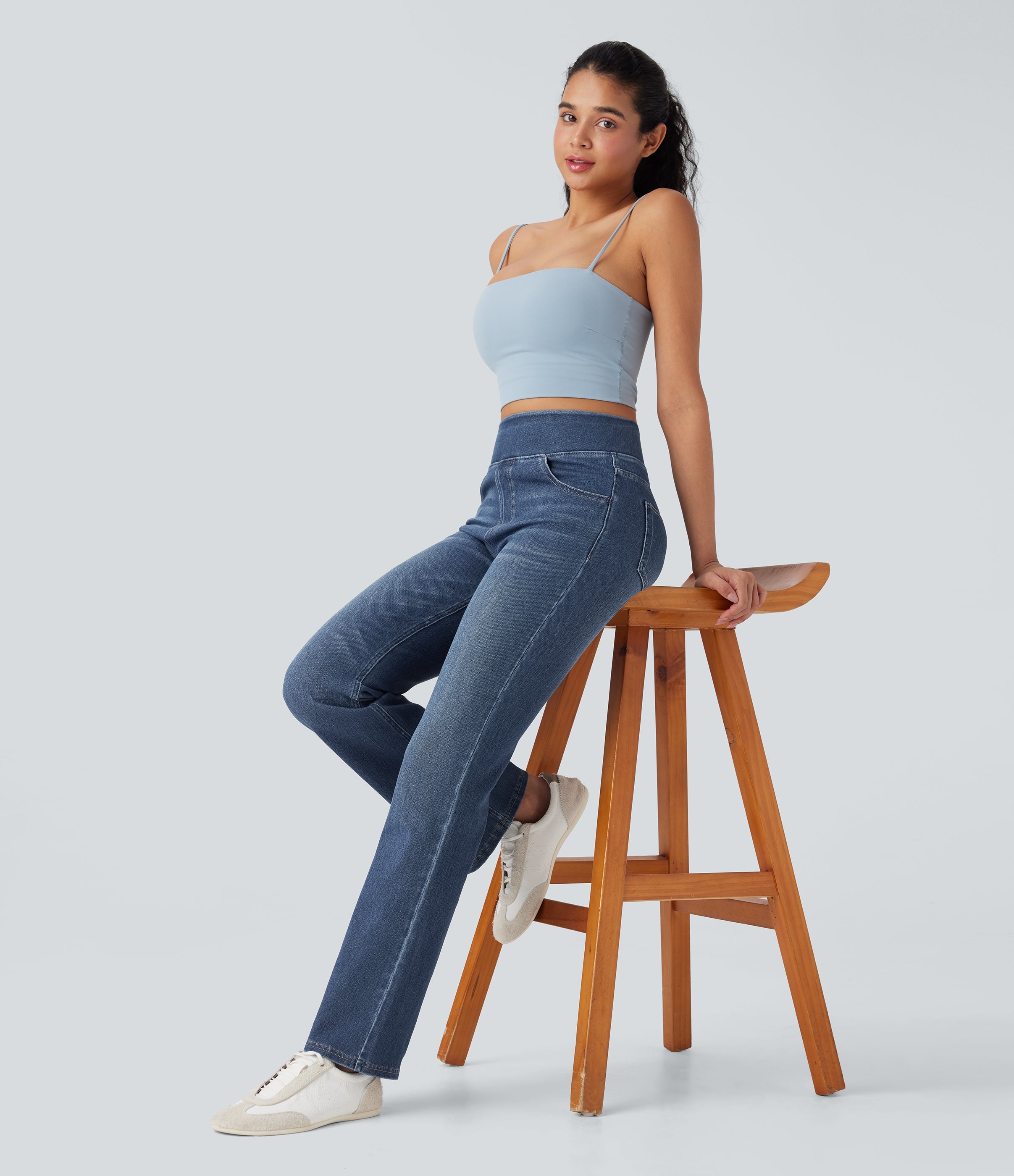 FlexTM High Waisted Tummy Control Washed Casual Bootcut Jeans with Pockets