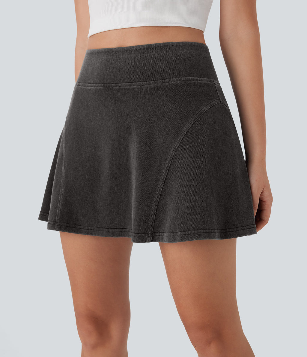 FlexTM High Waisted 2-in-1 A Line Mini Washed Denim Casual Skirt with Pockets