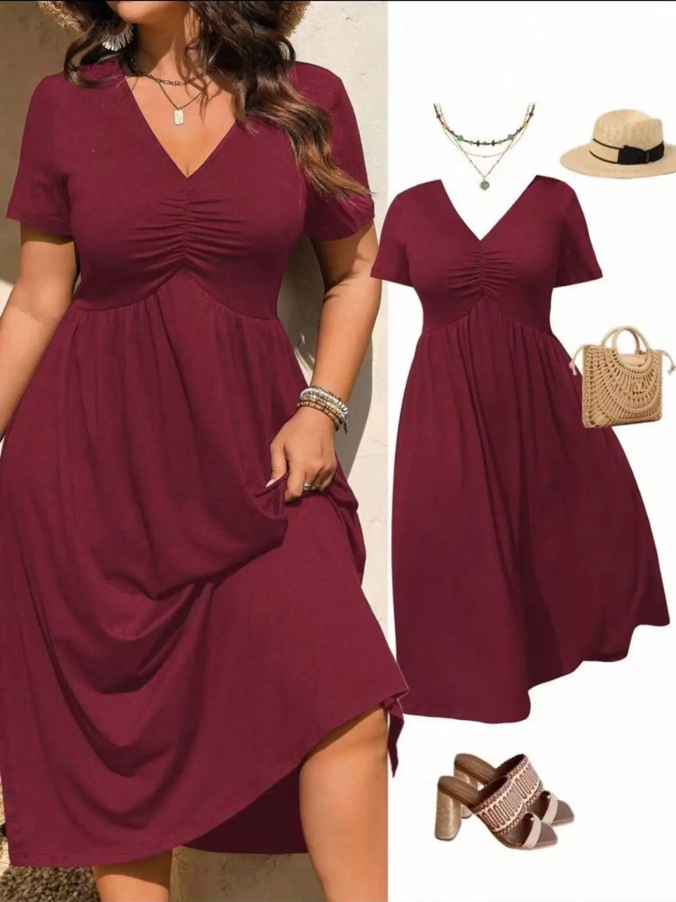Plus Size V-Neck Ruched Bra Top Short Sleeve Midi Dress, Casual Summer Flowy A-Line Skirt, Women's Fashion Clothing