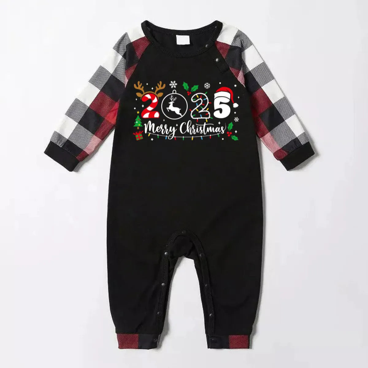 "2025 Merry Christmas" Text Snowflake Printed Pattern - Black Top with Red&Black&White Plaid Sleeves - Family Matching Pajamas