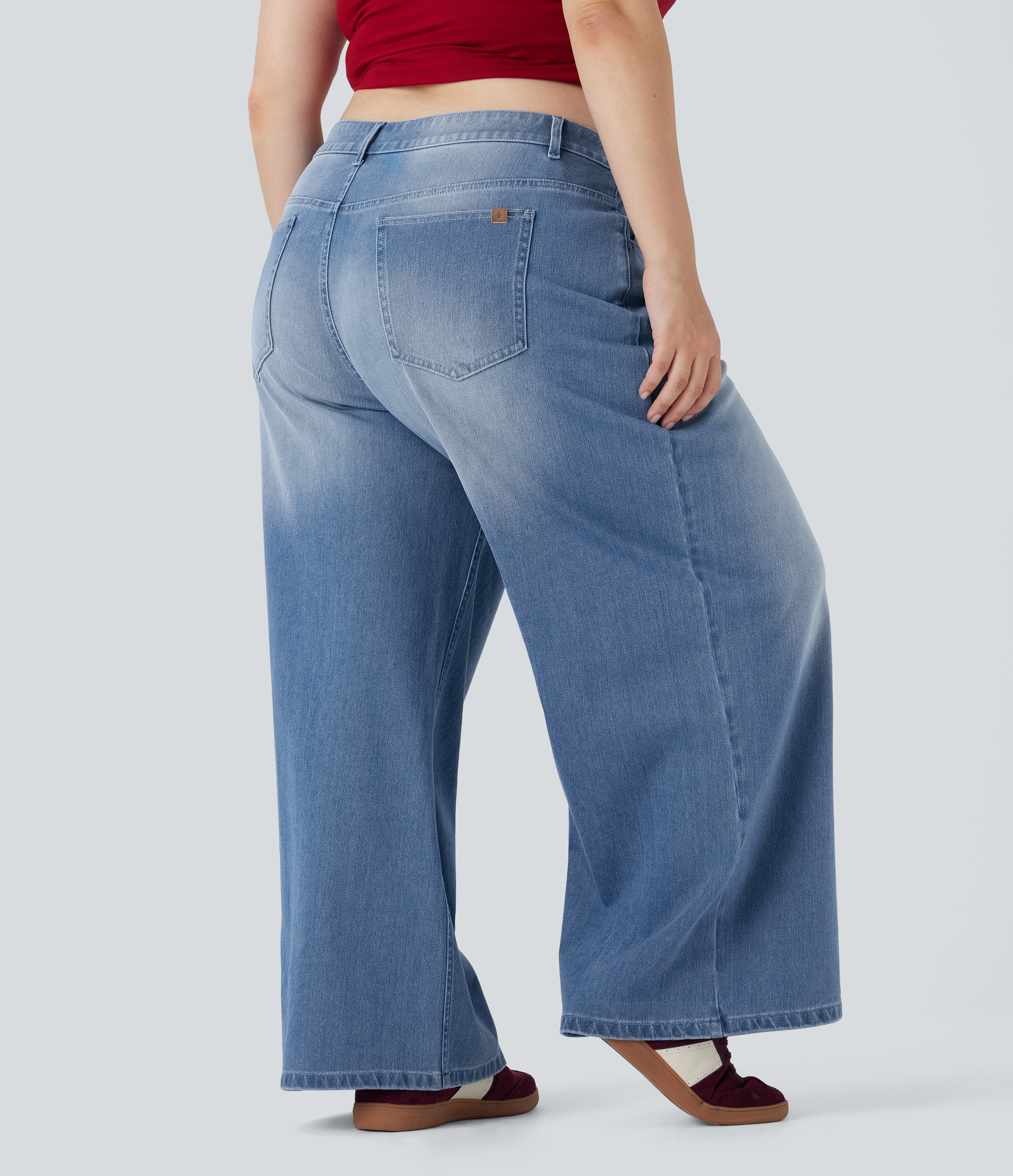 Plus Size FlexTM Low Rise Wide Leg Washed Casual Jeans with Pockets