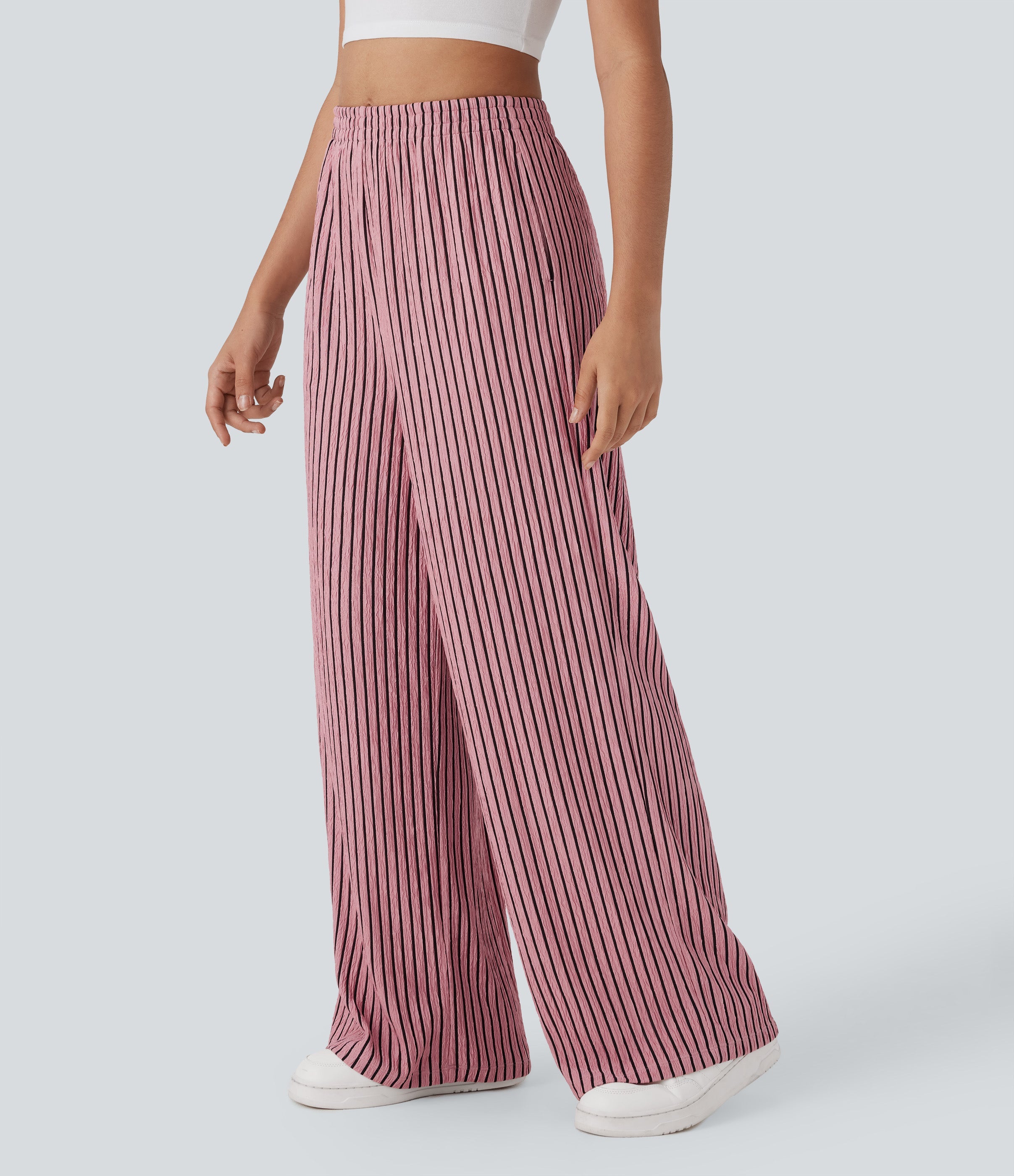 High Waisted Straight Leg Crinkle Casual Pants with Pockets