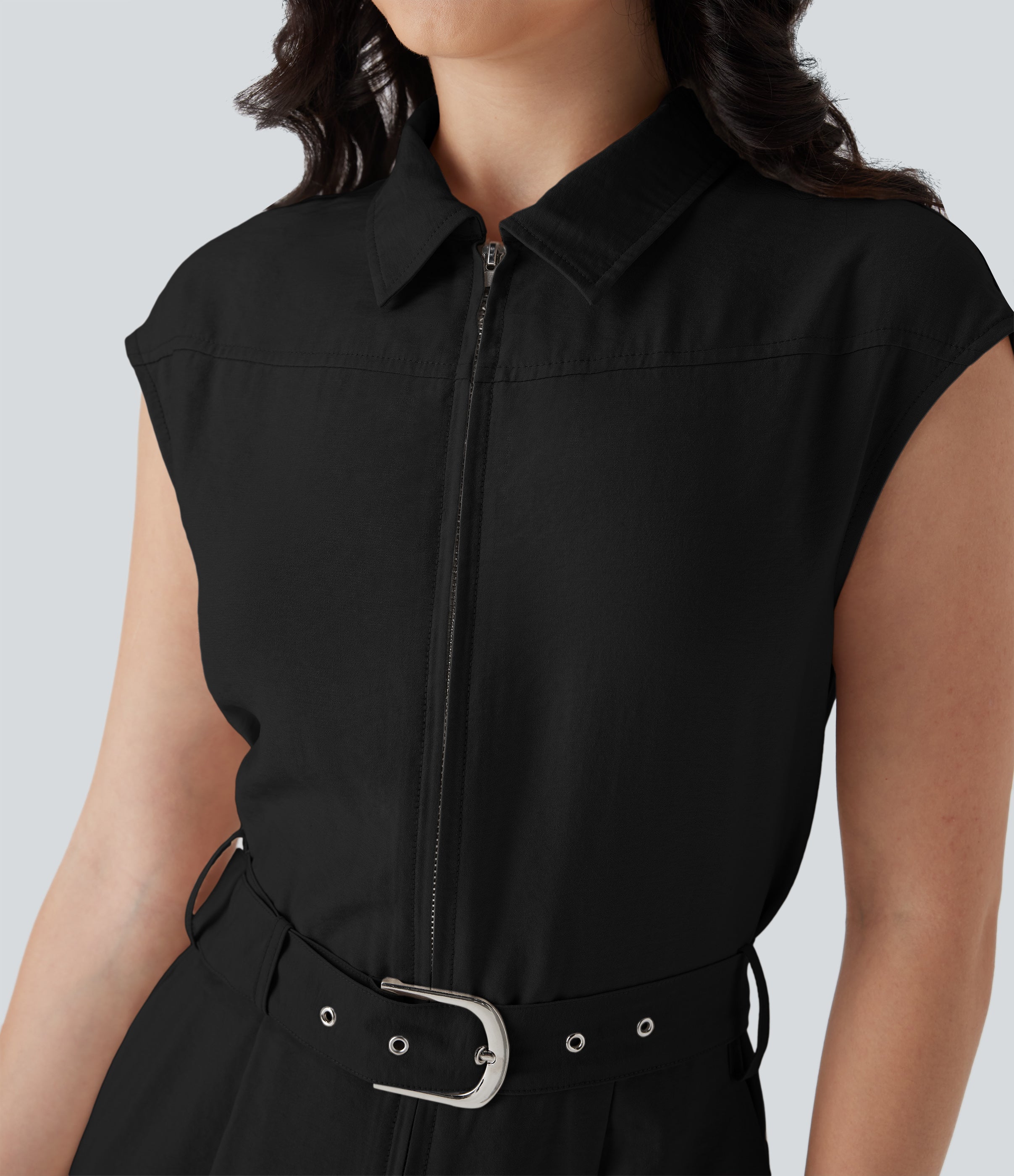 Half Zipper Cap Sleeve Straight Leg Belted Work Linen-Feel Jumpsuit with Pockets