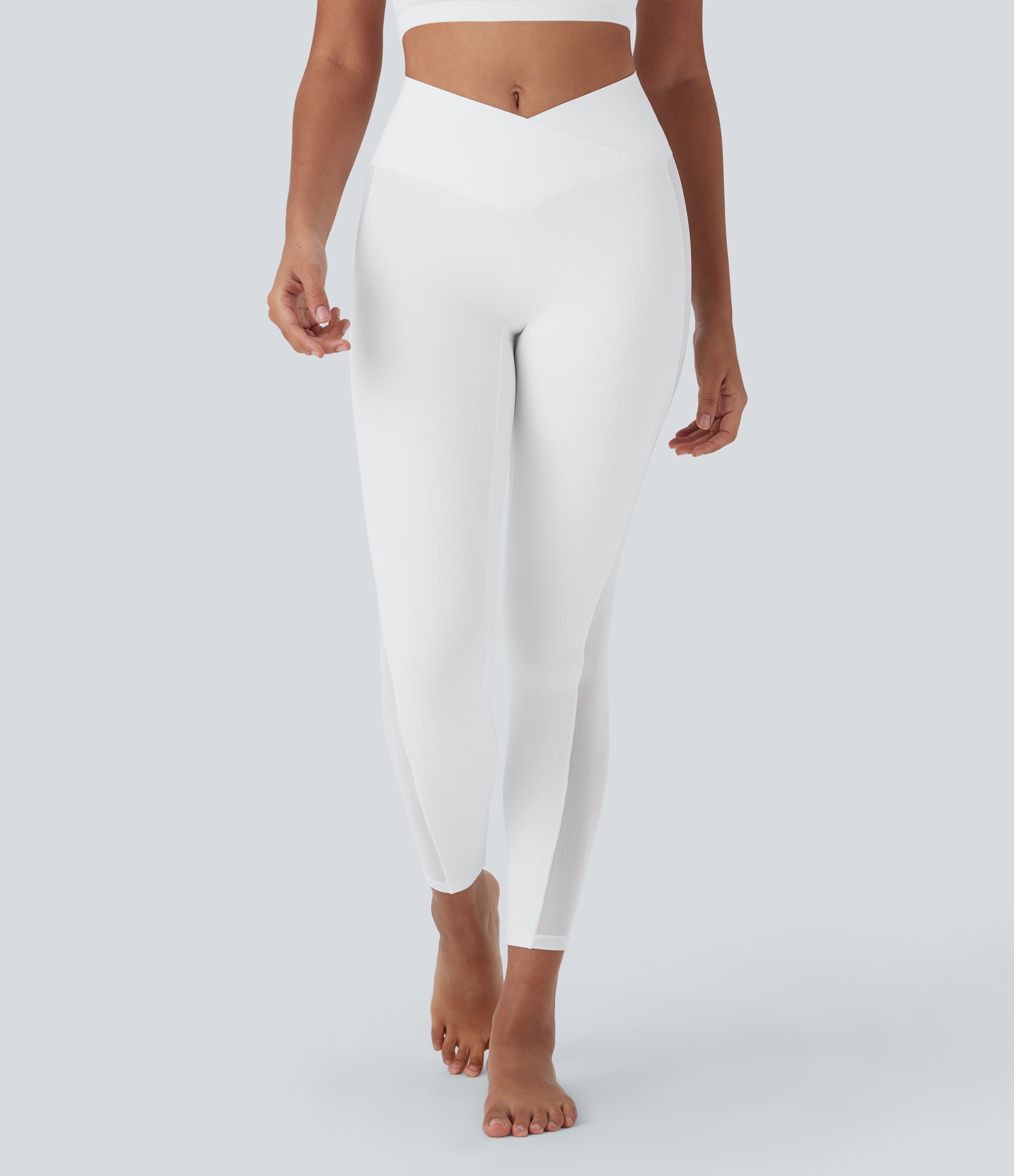 SoftlyZeroTM Crossover High Waisted Contrast Mesh Yoga Leggings with Pocket-UPF50+