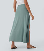 SoCinched Ribbed High Waisted Tummy Control Draped 2-in-1 Maxi Casual Skirt