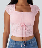 Square Neck Drawstring Eyelet Embroidery Skinny Cropped Casual Top