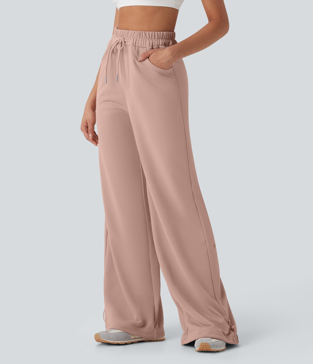 High Waisted Drawstring Cinchable Hem Wide Leg Casual Pants with Pockets