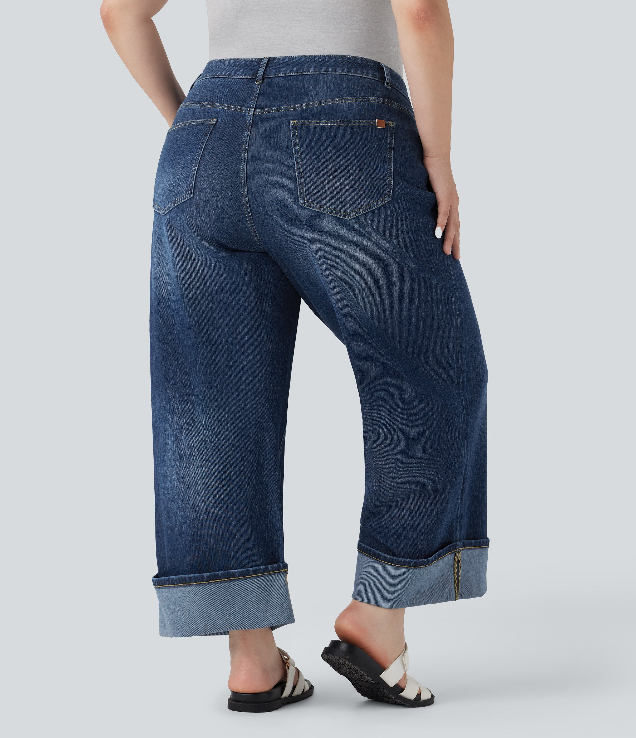 Plus Size FlexTM High Waisted Wide Leg Rolled Hem Washed Stretchy Knit Casual Jeans with Pockets