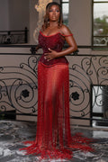 Glitter Off Shoulder Patchwork Fringe Hem Party Maxi Dresses-Red