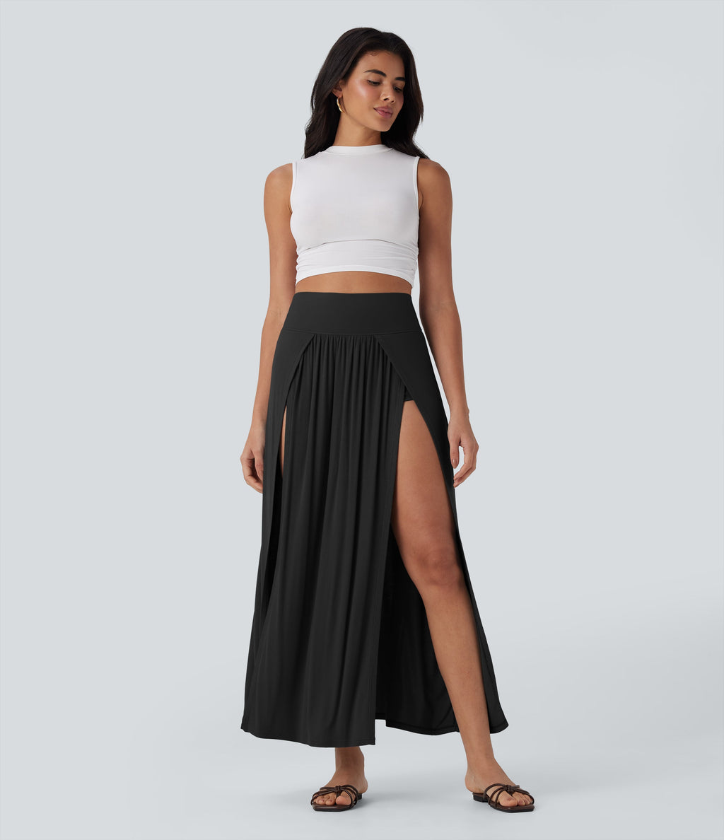 SoCinched Ribbed High Waisted Tummy Control Draped 2-in-1 Maxi Casual Skirt
