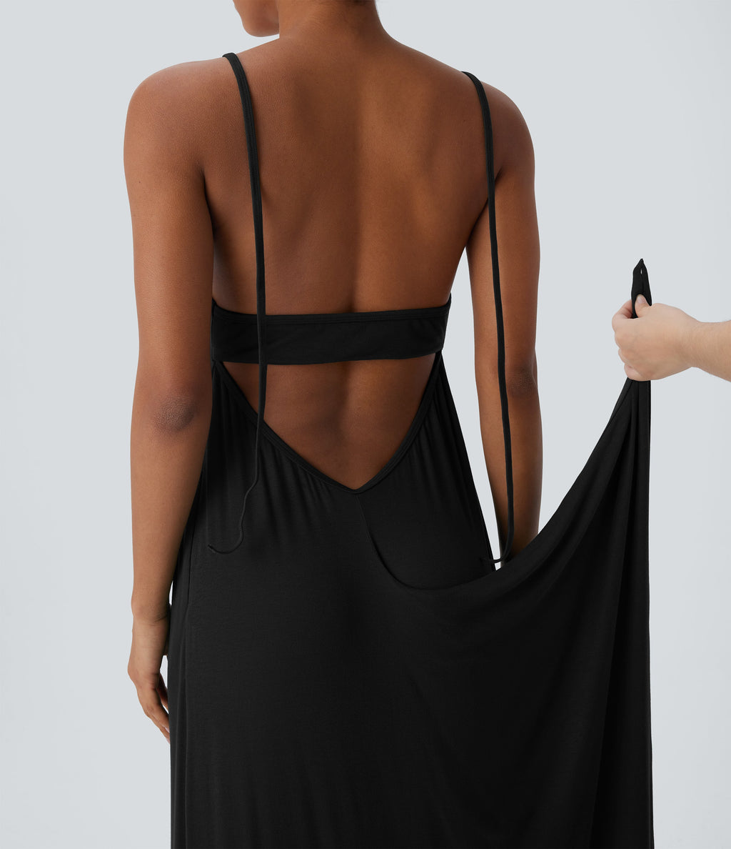Ribbed Tie Back Ruched Maxi Slip Dress with Pockets