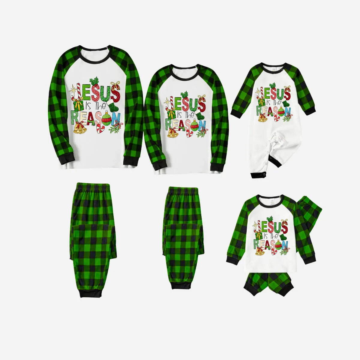 Christmas Cartoon Family Christmas Pajamas Set - White Top with Green Plaid Sleeves and Green Plaid Pants and “Jesus is the Reason” Design