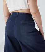 FlexTM High Waisted Pockets Washed Casual Wide Leg Plus Size Jeans