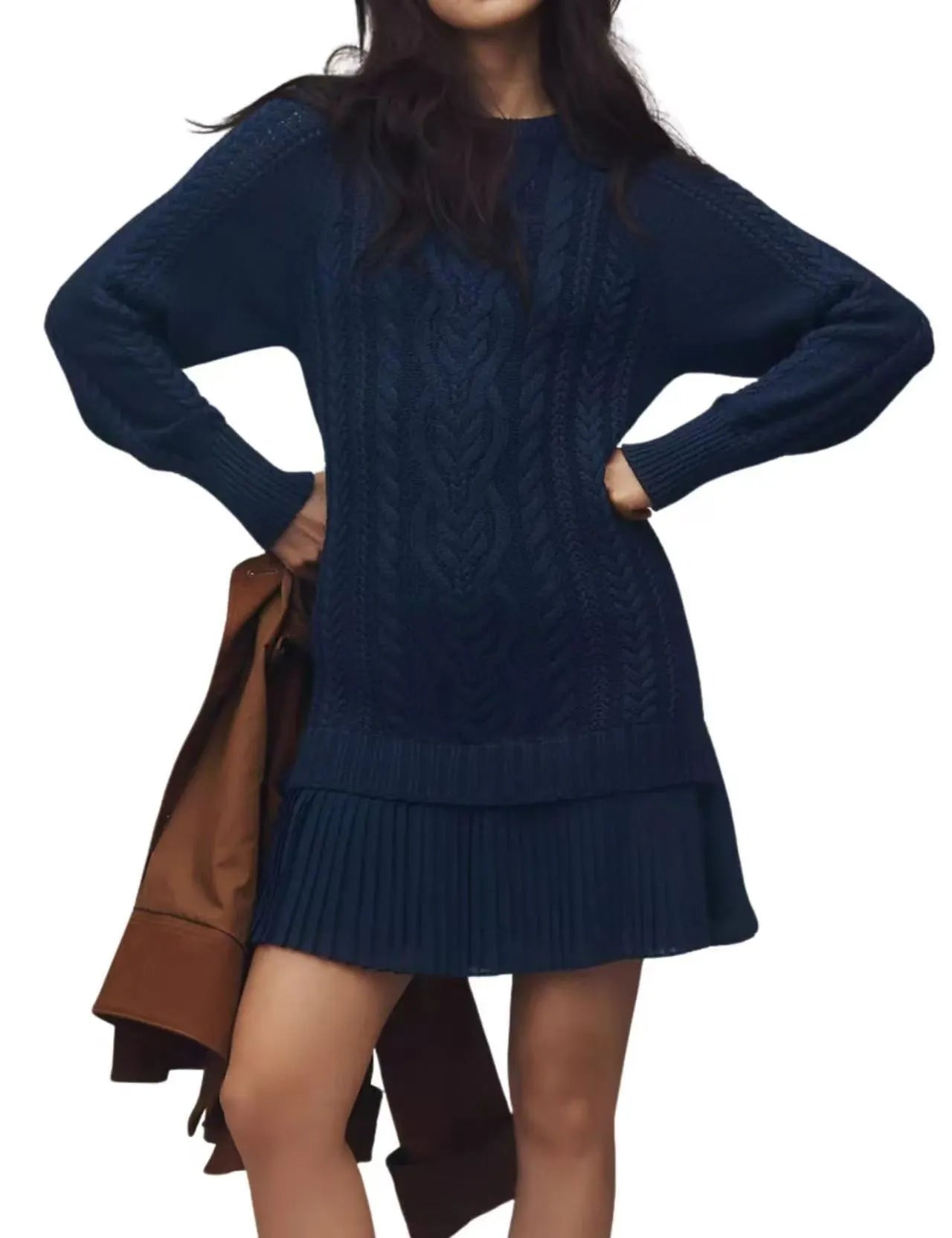 Women Cable Knit Sweater Dress Crewneck Long Sleeve Pleated Mini Dress Twofer Style Patchwork Dress