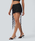 Sheer Low Rise 2-in-1 Lace Tie Side Lettuce Trim Mini Skirt