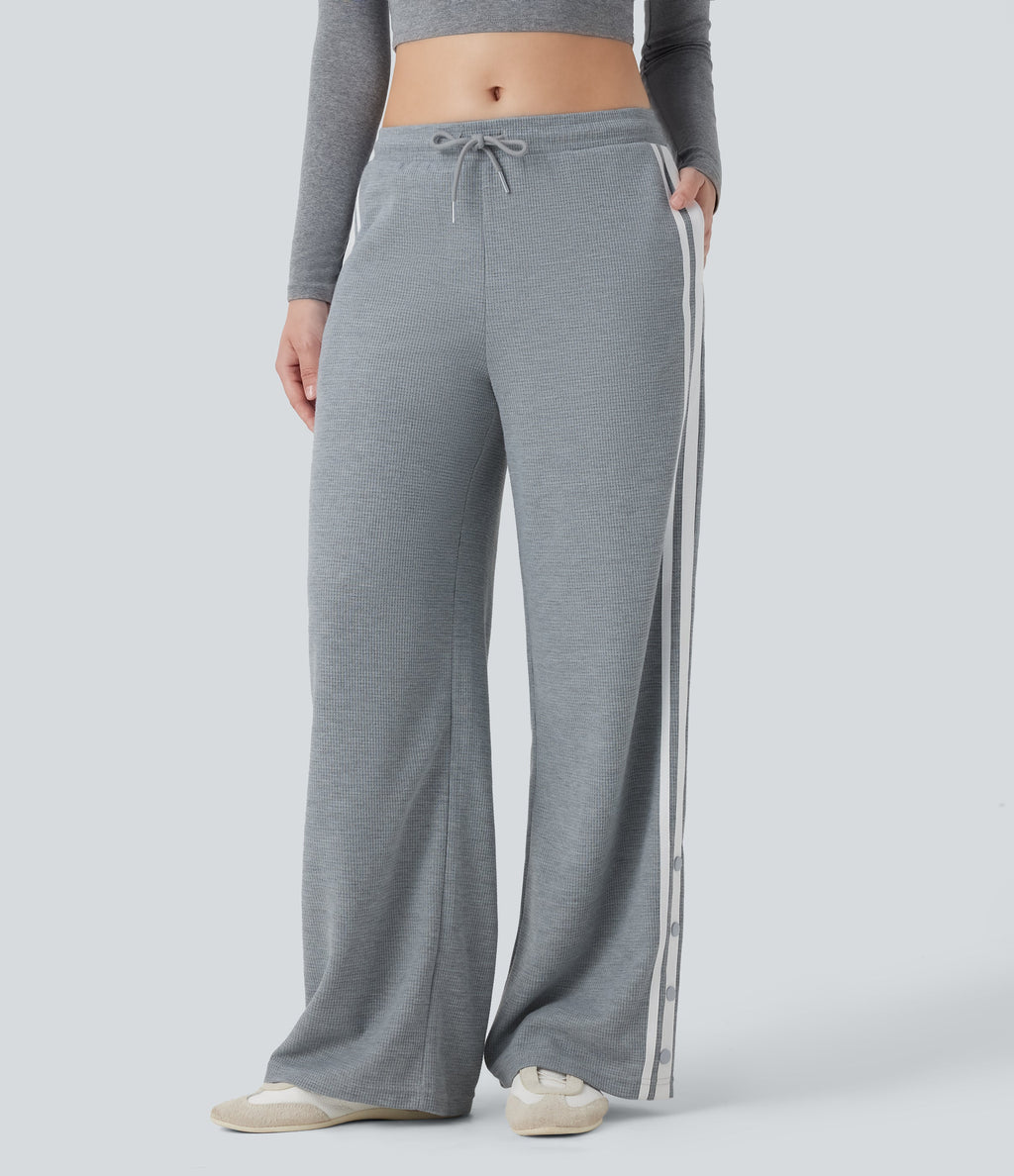 Low Rise Drawstring Color Block Snap Waffle Casual Wide Leg Pants with Pockets
