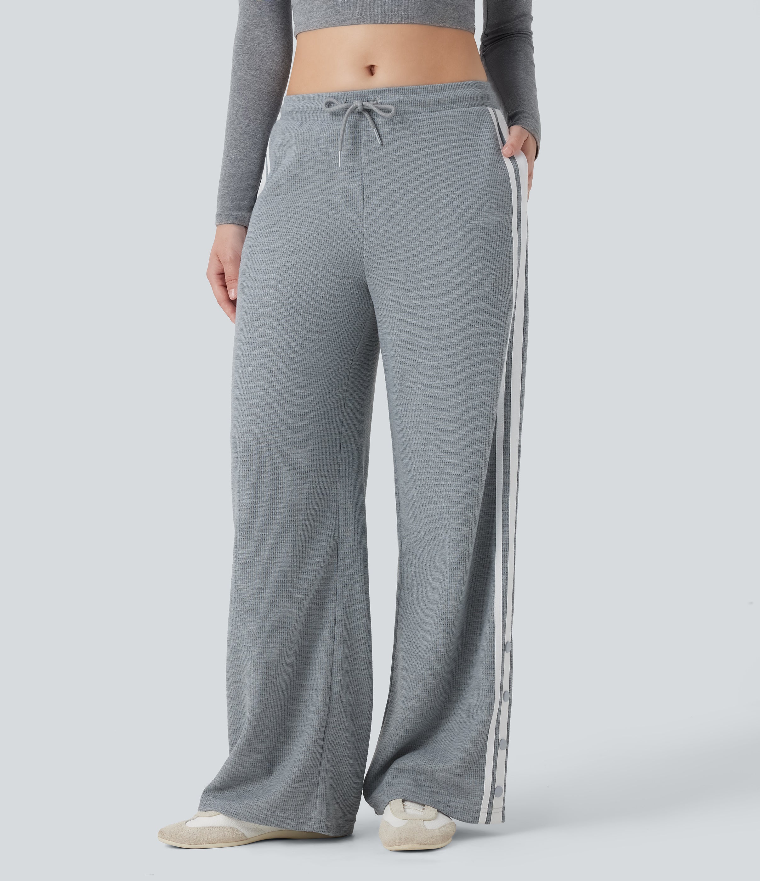 Low Rise Drawstring Color Block Snap Waffle Casual Wide Leg Pants with Pockets