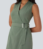 Anti-wrinkle V Neck Sleeveless Wrapped Belted Midi Travel Dress with Pockets