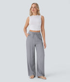 Women Summer High Waisted Drawstring Pocket Wide Leg Casual Linen-Feel Pants
