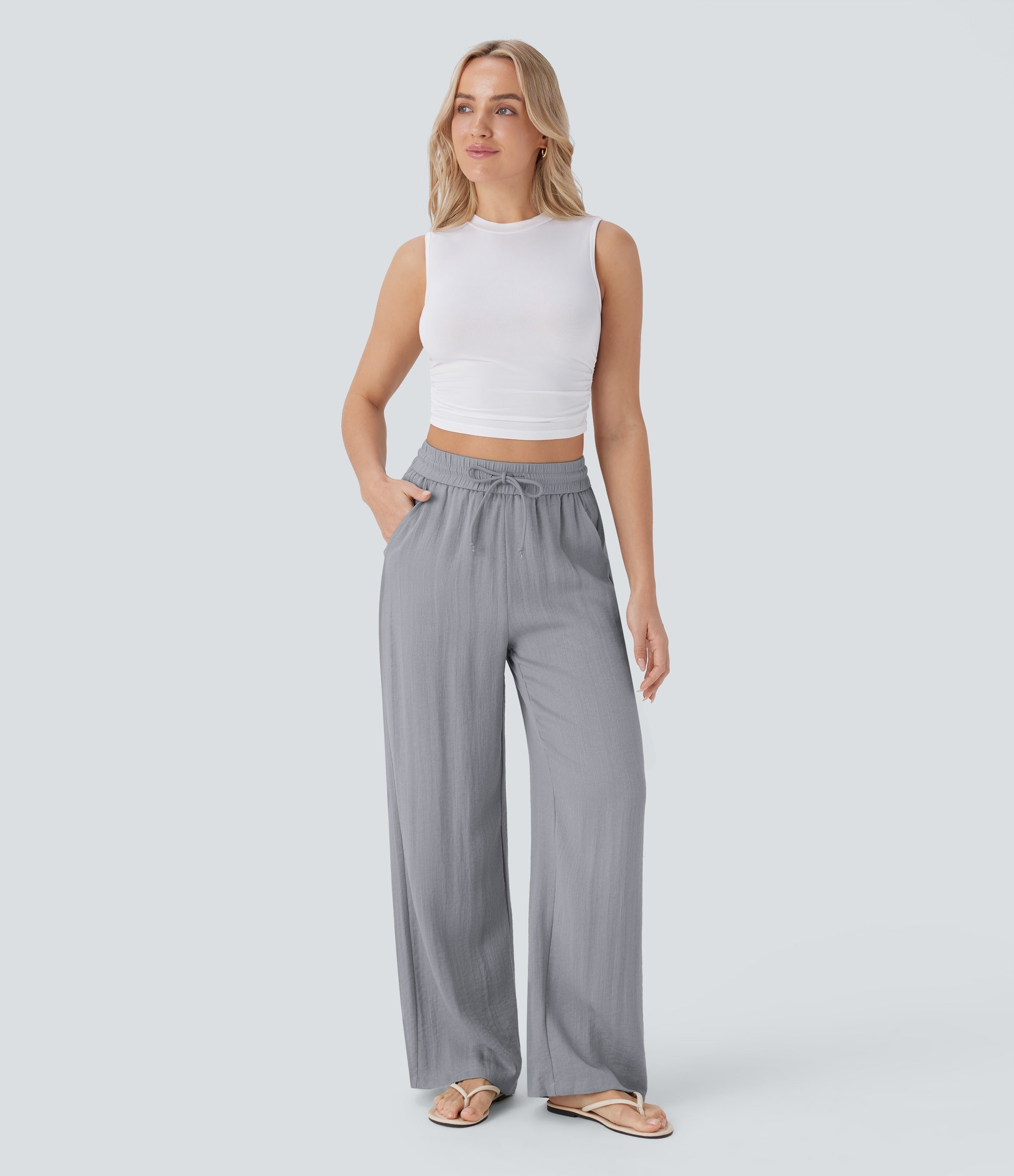 Women Summer High Waisted Drawstring Pocket Wide Leg Casual Linen-Feel Pants