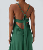 Ribbed Tie Back Ruched Maxi Slip Dress with Pockets