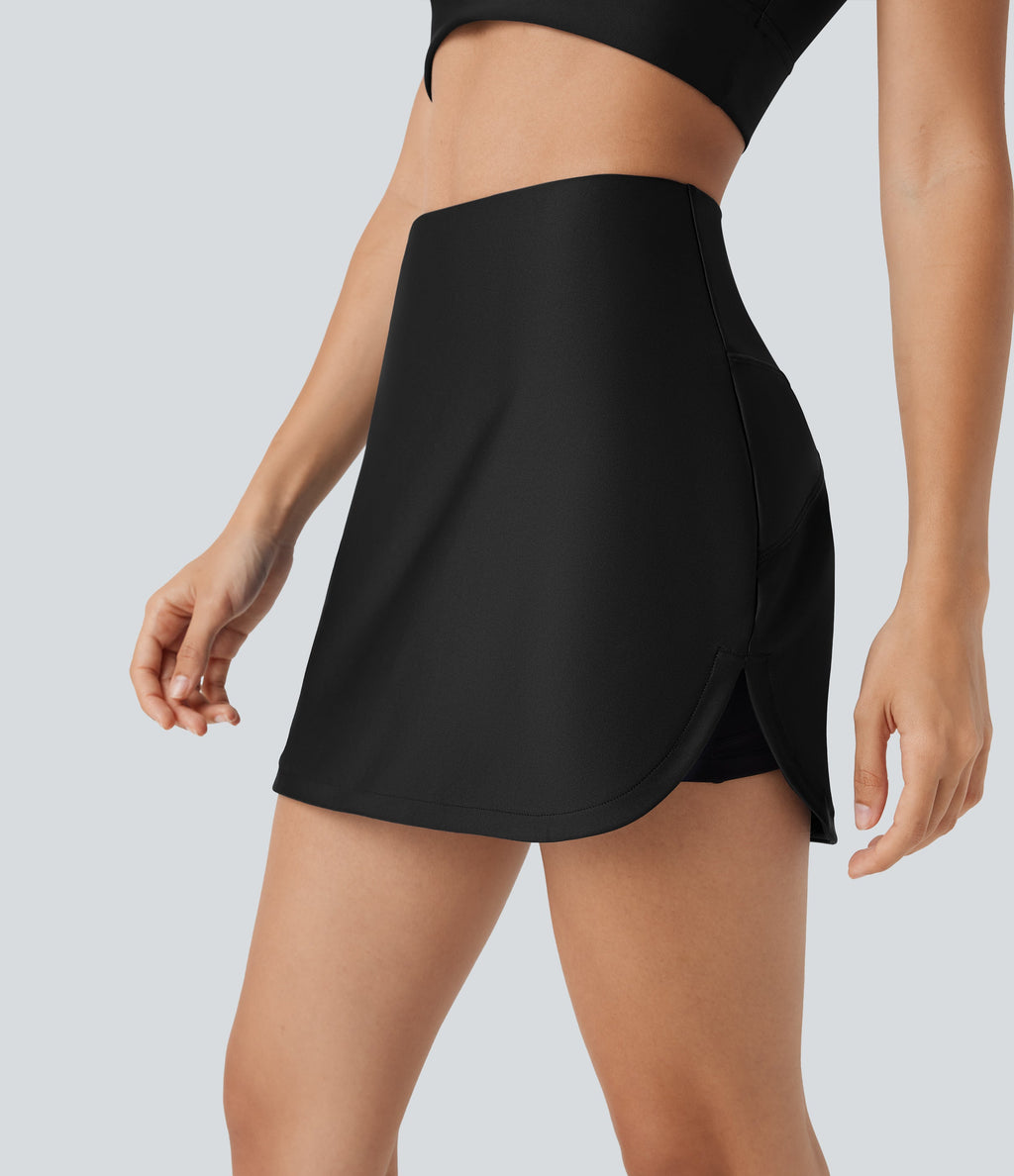 SoCinched High Waisted Tummy Control Butt Lifting Curved Hem 2-in-1 Sheen Yoga Skirt with Pockets