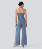 FlexTM Halter Wide Leg Denim Casual Jumpsuit with Pockets