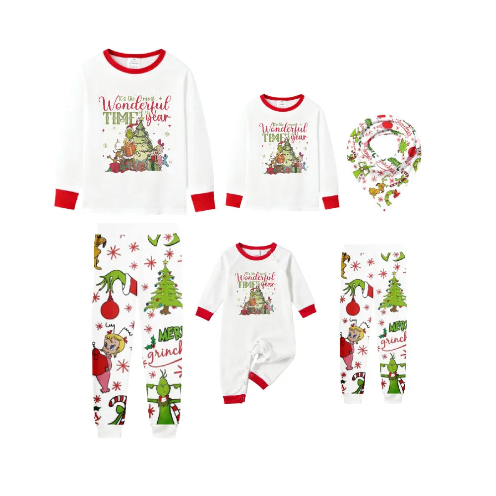 Family Christmas White Pajamas Set With Cute Christmas Character Print