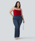 Plus Size FlexTM High Waisted Crossover Washed Casual Flare Jeans with Pockets