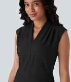 FlexTM V Neck Pleated Sleeveless Mini Micro Waffle Work Dress with Pockets