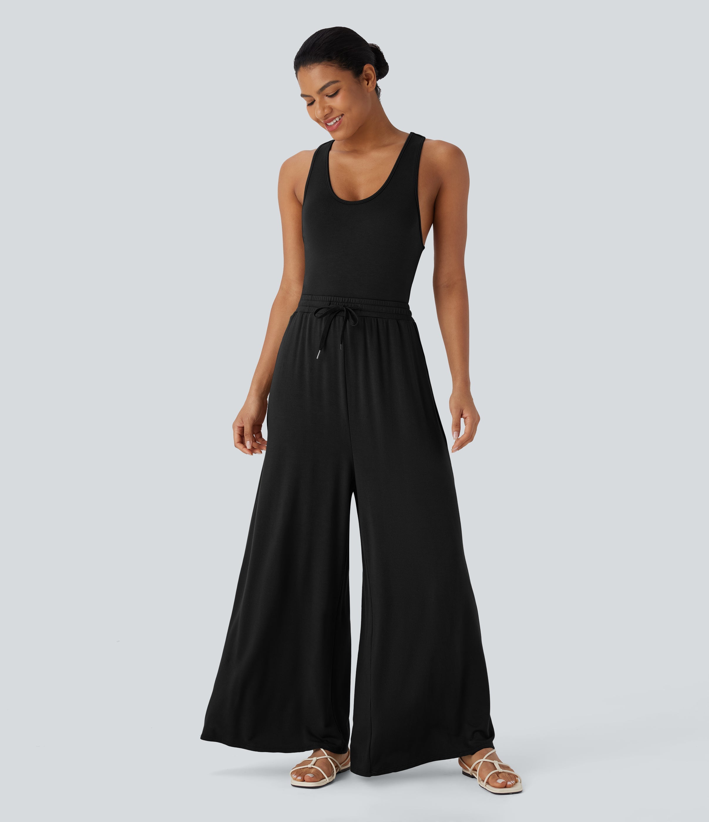 U Neck Racerback Drawstring Casual Jumpsuit with Pockets