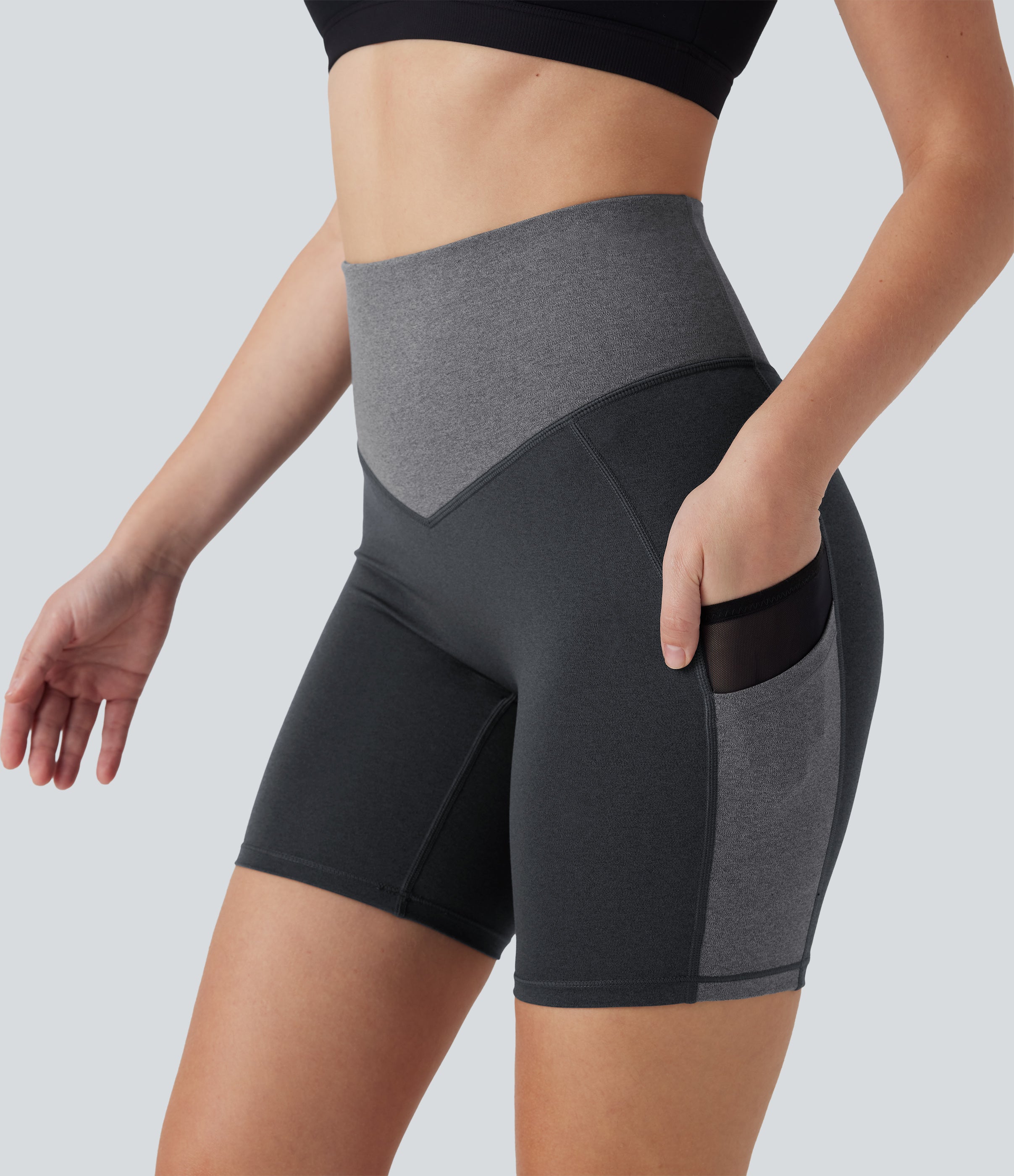 High Waisted Color Block Contrast Mesh Quick Dry Yoga Biker Shorts 7'' with Pockets