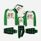 Green Raglan Top Green Plaid Christmas Pajamas Set With "We are Family" Colorful Text Print