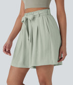 High Waisted Belted Casual Linen-Feel Bermuda Shorts with Pockets