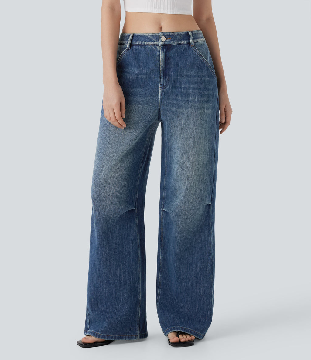 FlexTM Low Rise Wide Leg Washed Casual Jeans with Pockets