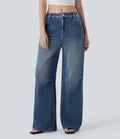 FlexTM Low Rise Wide Leg Washed Casual Jeans with Pockets