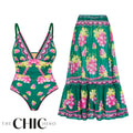 Green Grape Blossom Tropical Vineyard V-Neck Swimsuit & Skirt
