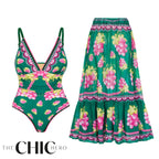 Green Grape Blossom Tropical Vineyard V-Neck Swimsuit & Skirt