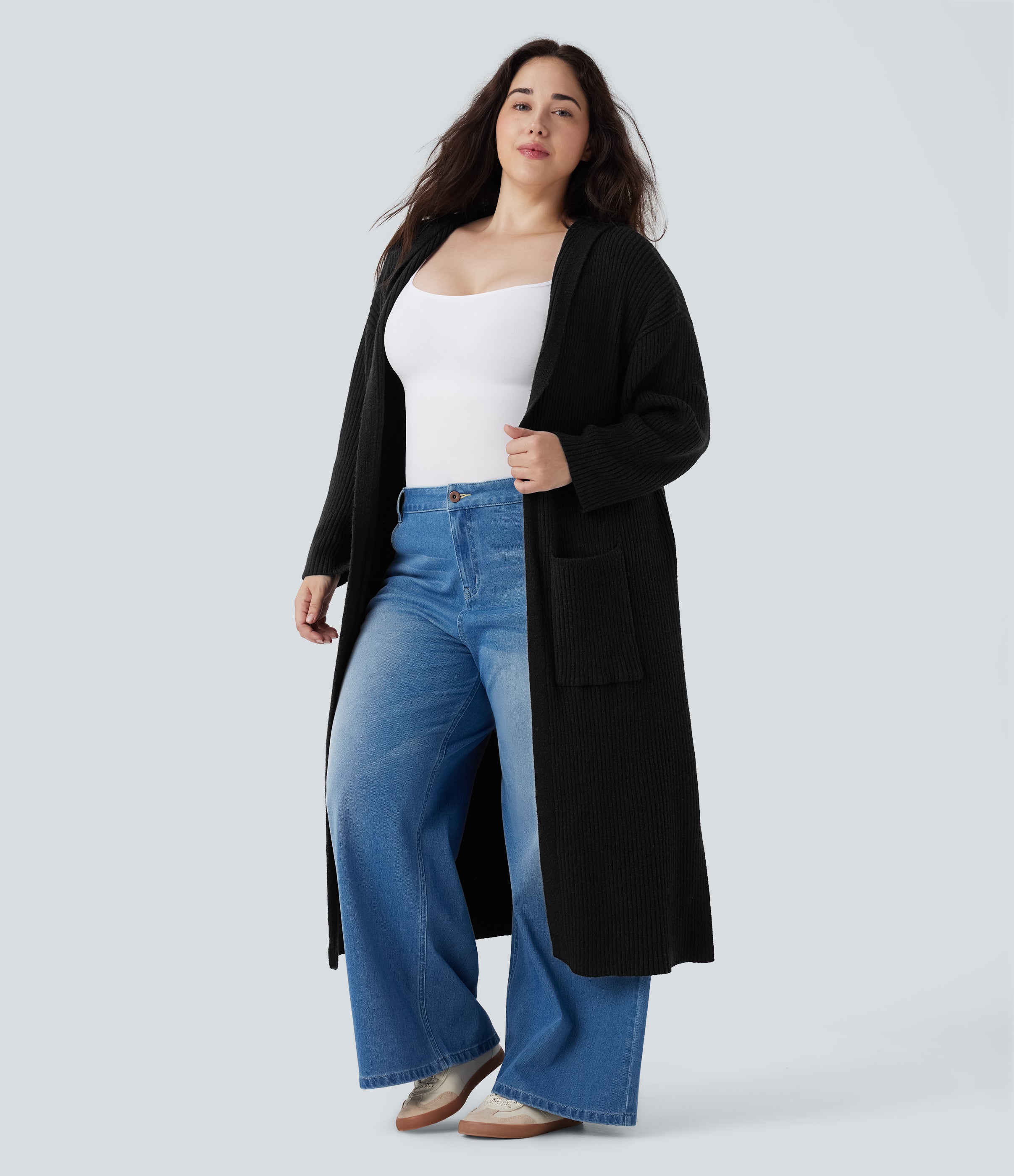 Hooded Long Sleeve Pocket Longline Casual Plus Size Cardigan